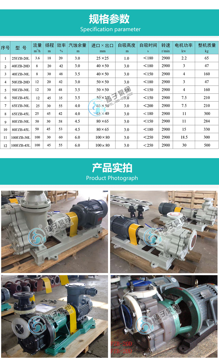 FZB氟塑料自吸泵性能参数说明